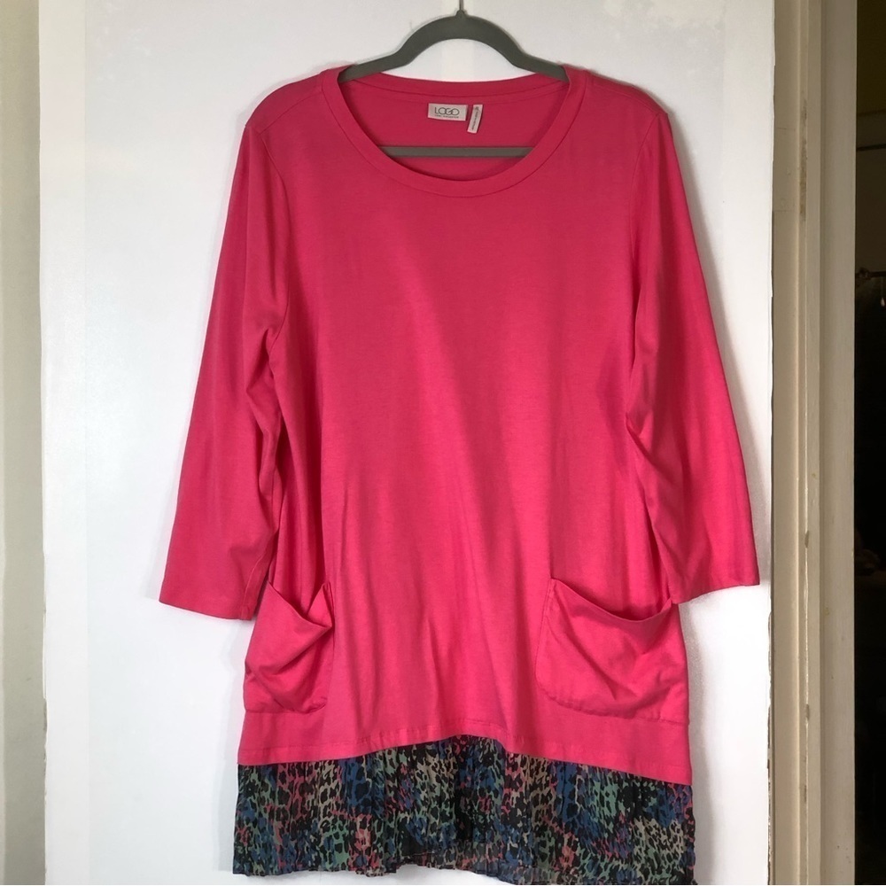 LOGO by Lori Goldstein 3/4 Sleeve Knit Tunic Top with Animal Print Chiffon Hem